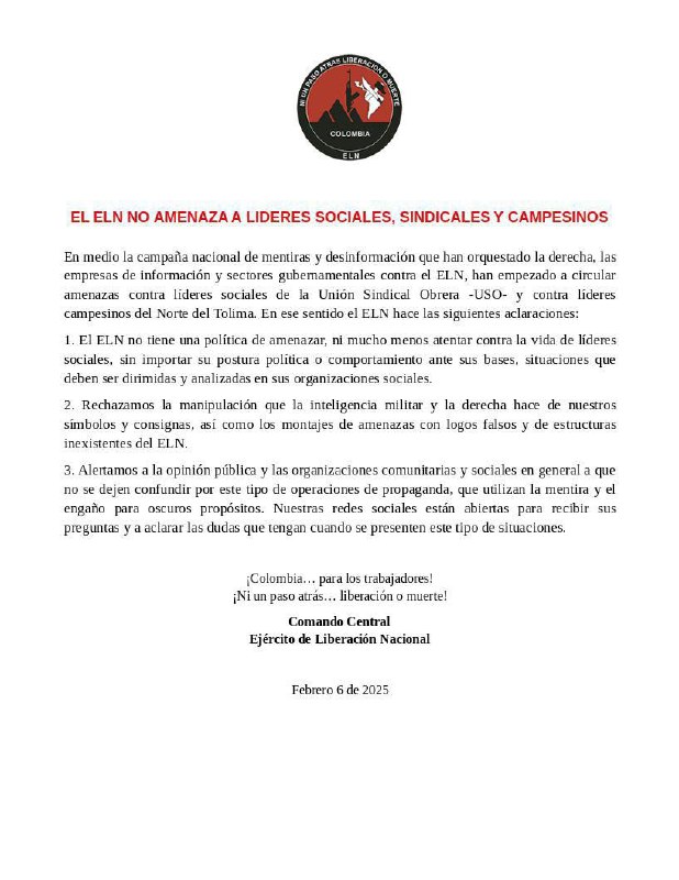 EL ELN NO AMENAZA A LIDERES …