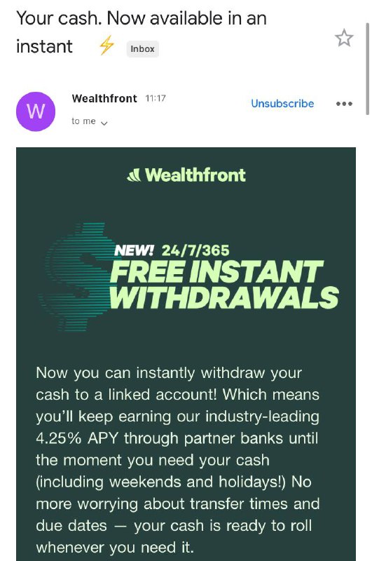 Wealthfront终于能和支付宝一样做到取钱到银行卡立刻到账了，不容易