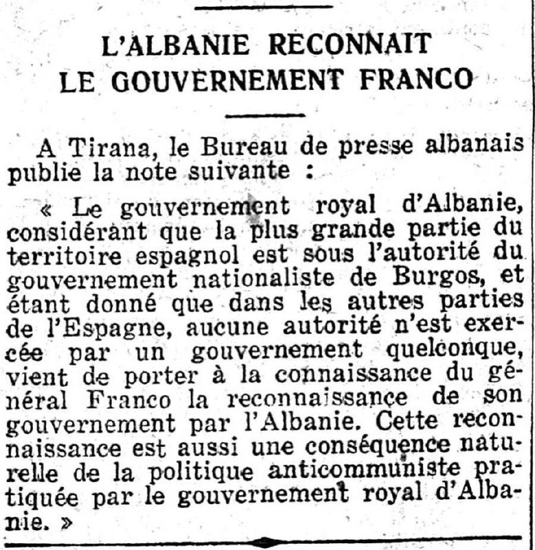 **ALBANIA RECOGNIZES THE FRANCO GOVERNMENT**