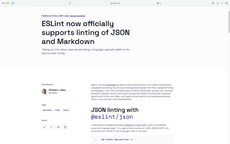 ESLint теперь официально поддерживает линтинг JSON …