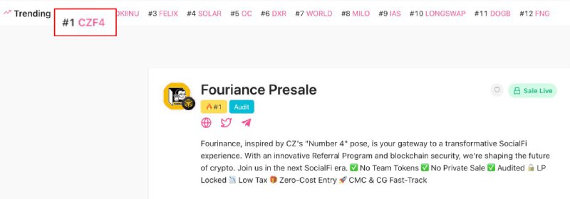 **Fourinance Trending Top #1 on Pinksale!** …