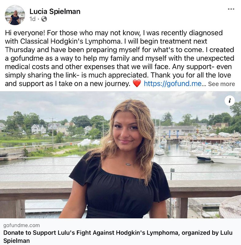 [**Lucia “Lulu” Spielman**](https://www.gofundme.com/f/support-lulus-fight-against-hodgkins-lymphoma)[,](https://www.gofundme.com/f/support-lulus-fight-against-hodgkins-lymphoma) 21, of Manchester