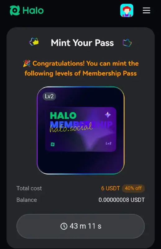 **43 Minutes Left MINT Halo membership …