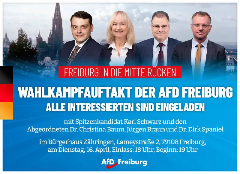 Mit dem Slogan „Freiburg in die Mitte rücken“ startet die AfD Freiburg in den Kommunalwahlkampf. Am kommenden Dienstag, 16. April, …