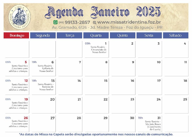 **Calendário da Capela para janeiro de …