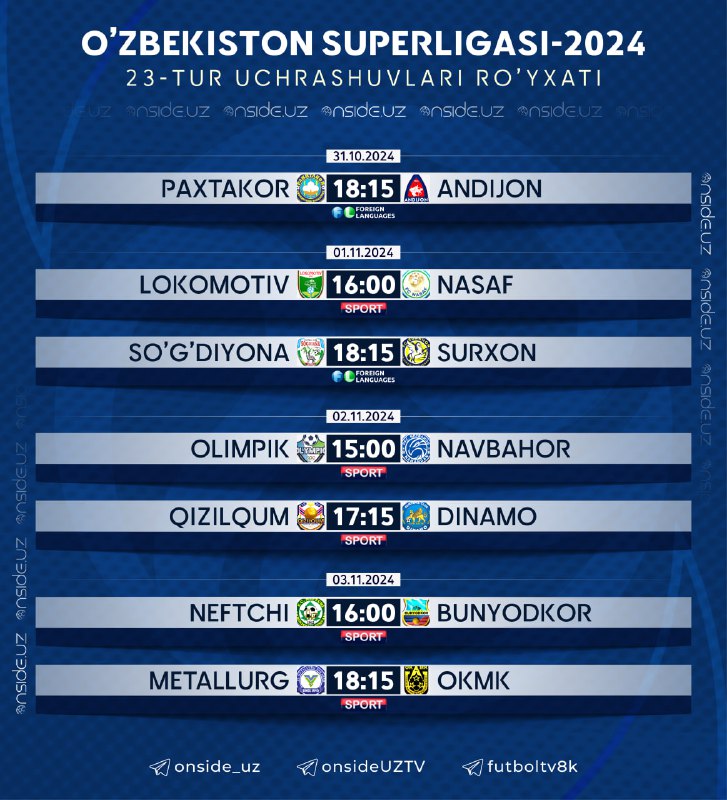 ***⚽️*** O'zbekiston Superligasi 23-tur uchrashuvlari ro'yxati …