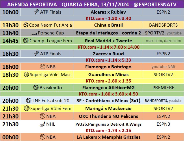 ***📺*** A agenda esportiva desta QUARTA-FEIRA …