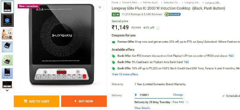 Longway 2000W Induction Cooktop at ₹1149.