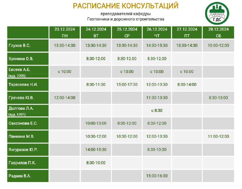 ***🗓*** Расписание консультаций преподавателей **кафедры ГДС** …