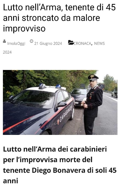 Lutto nell’Arma, tenente di 45 anni …