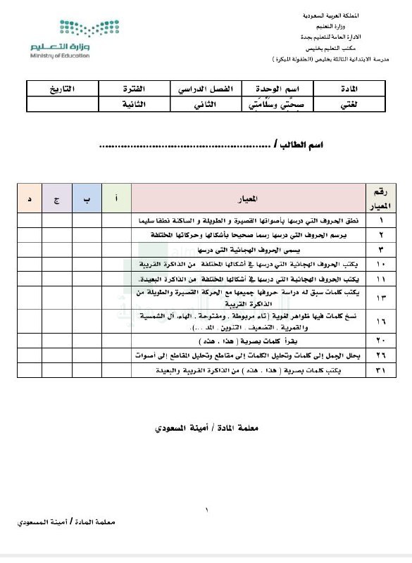 تقييم الوحدة الرابعة صحتي وسلامتي, الصف …