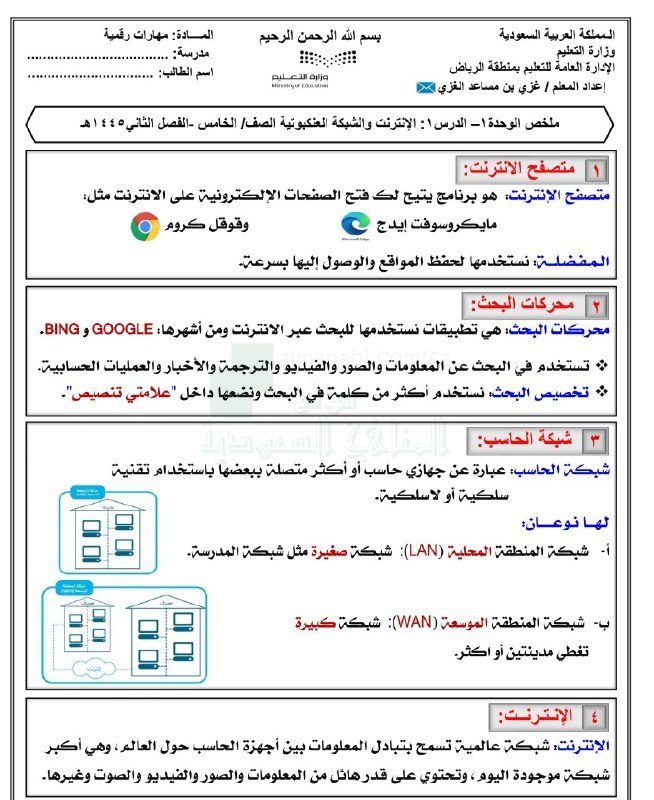 ملخص رقمية, الصف الخامس , المهارات …