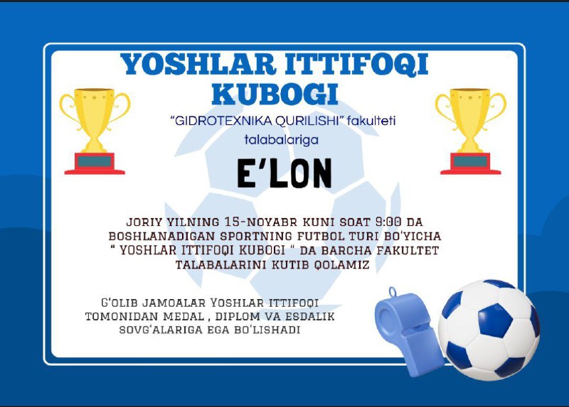 Ertaga 15-noyabr sportning futbol turi bo'yicha …