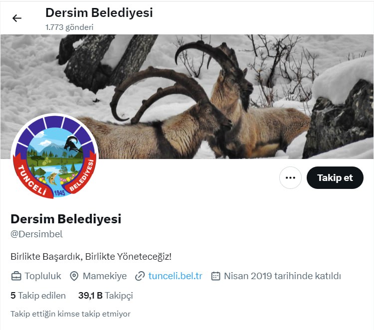 Tunceli Belediyesi'nin resmi X hesabının ismi …