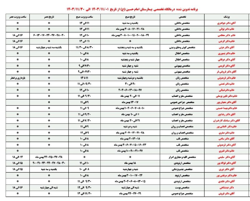 ***🩺*****برنامه تدوین شده پزشکان متخصص-بیمارستان امام …