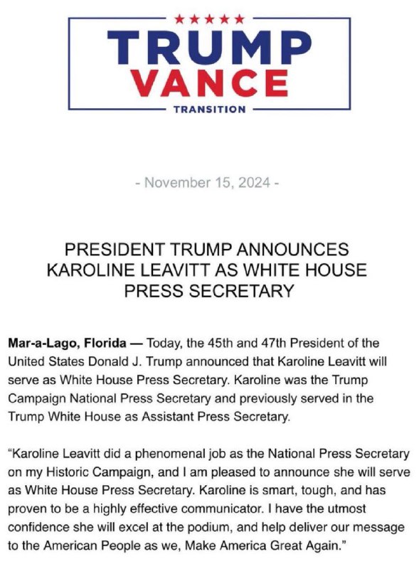 ***🚨***BREAKING: President Trump has selected Karoline …