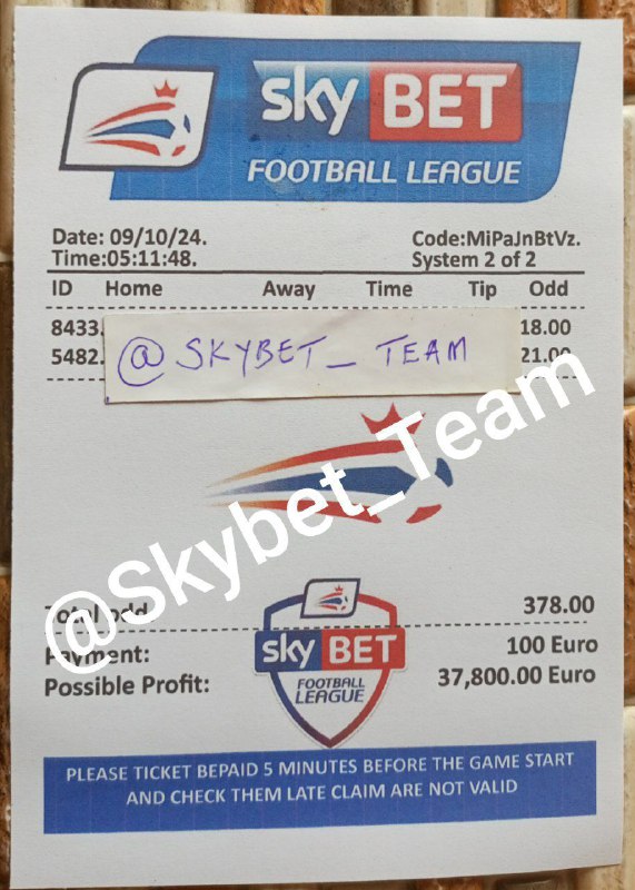 SKYBET Fixed Match Ticket ***💯******💯***