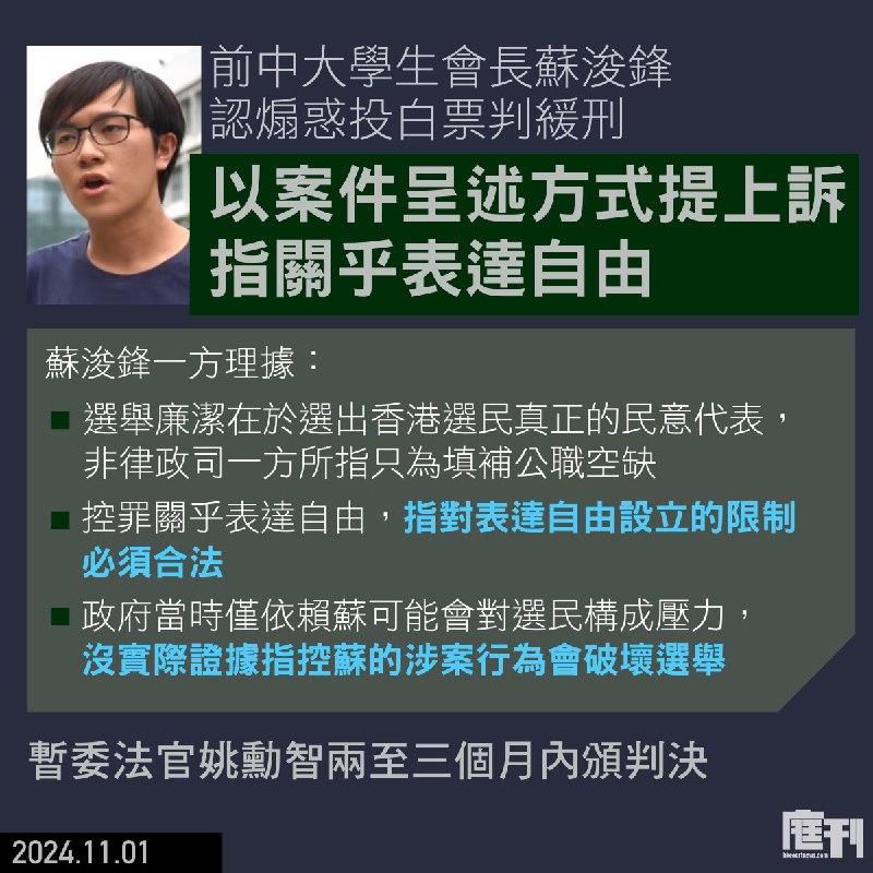 【前中大學生會長蘇浚鋒認煽惑投白票判緩刑 以案件呈述方式提上訴 指關乎表達自由 官押後頒布判決】