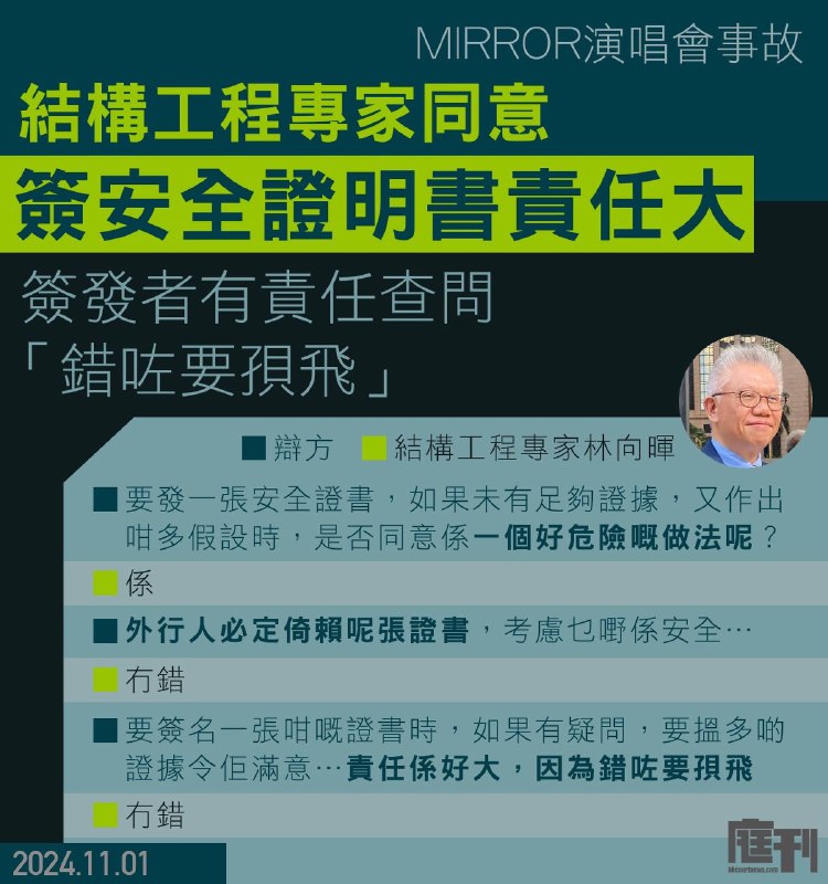 【MIRROR演唱會事故｜專家同意簽發安全證明書者責任大不可「求其」 有責任查問「錯咗要孭飛」】