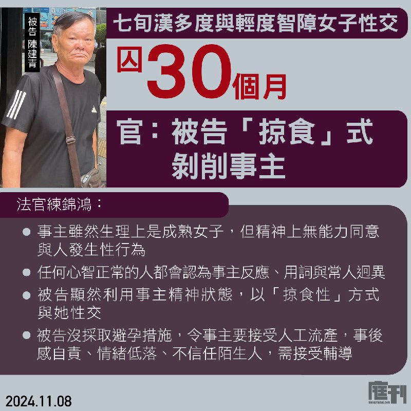 【七旬漢多度與輕度智障女子性交囚30個月 官斥被告「掠食」式剝削事主】