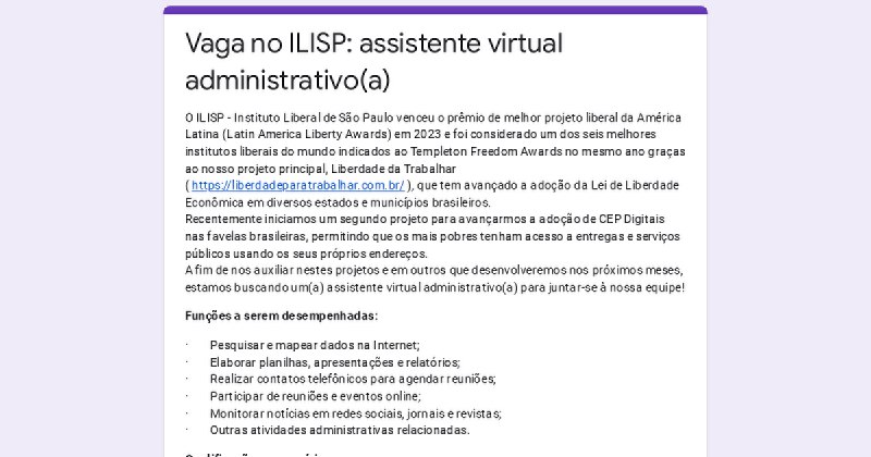 Nova vaga de assistente virtual administrativo(a) no ILISP. Para iniciar já na próxima semana. Inscrições abertas até a próxima sexta, …