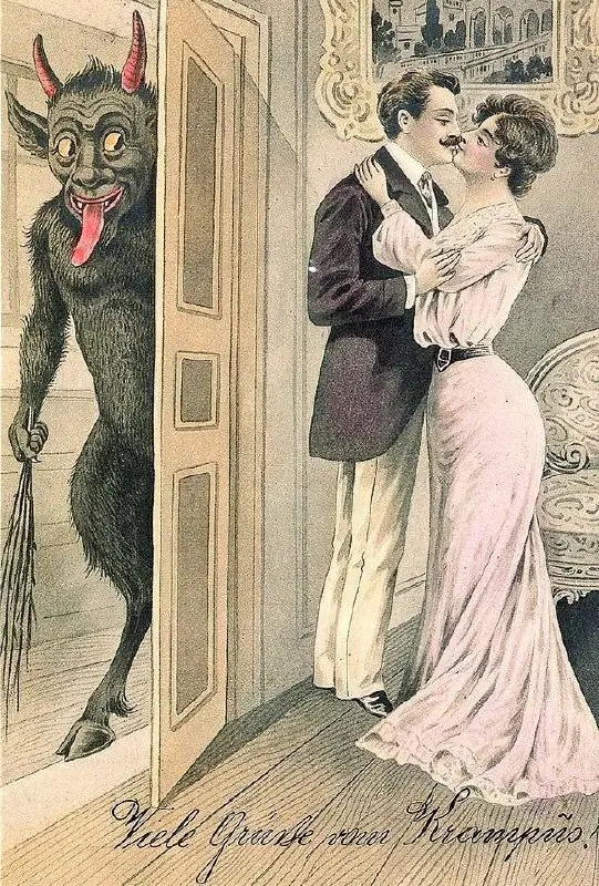 Krampus with a kissing couple