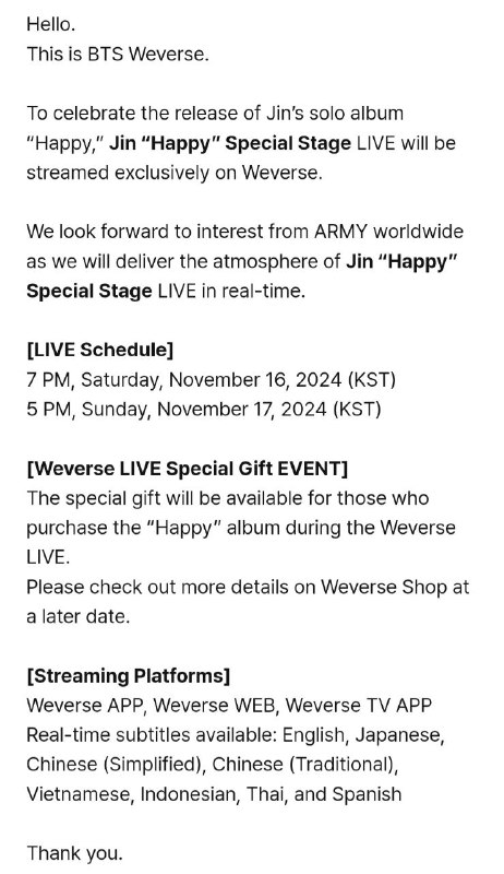 **[NOTICE] Jin “Happy” Special Stage Weverse …