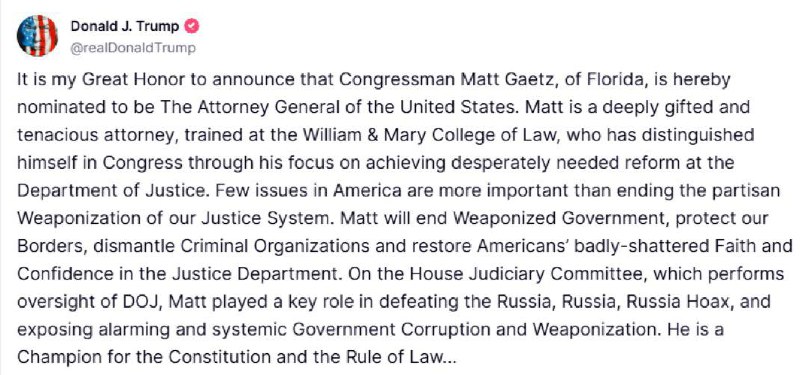 BREAKING: TRUMP NOMINATES MATT GAETZ FOR …