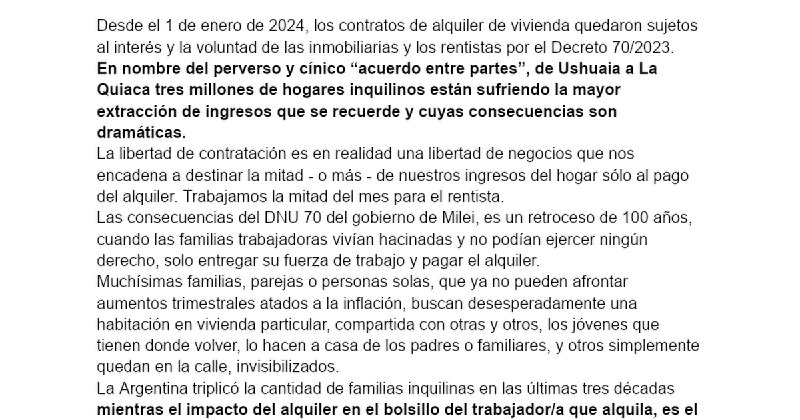 COMUNICADO FEDERACIÓN DE INQUILINOS NACIONAL