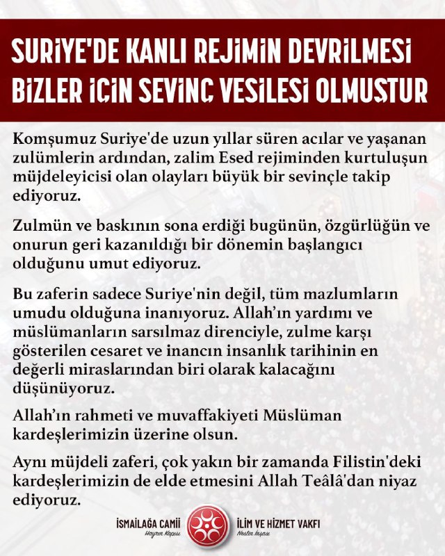 Suriye'de kanlı rejimin devrilmesi bizler için …