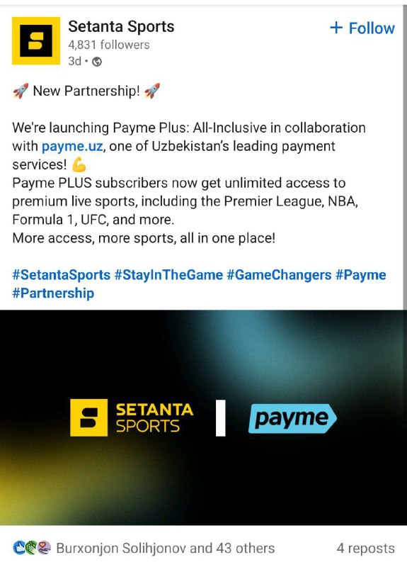 Payme plus foydalanuvchilariga Setanta Sportsga membership …