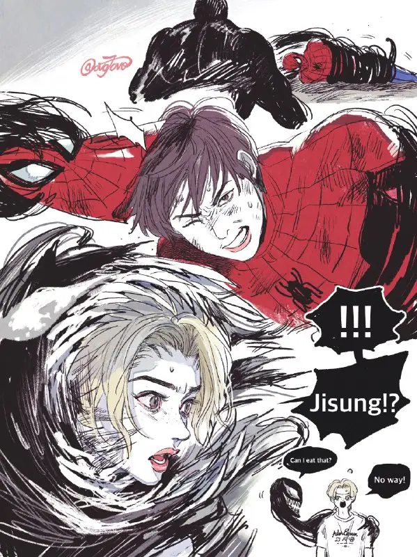 Jisung as **Spiderman** &amp; Felix as **Venom**