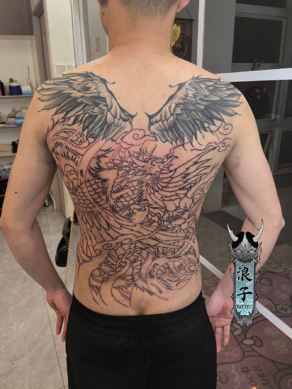 拼接满背凤凰初步线条完成***?***