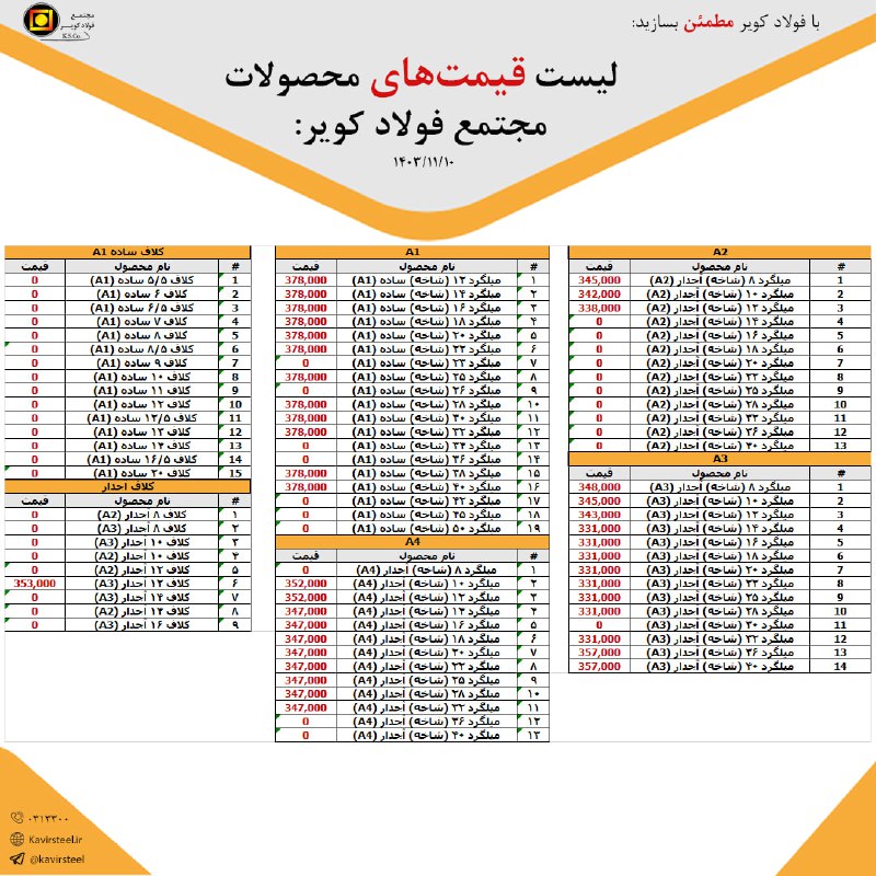 لیست قیمت امروز مورخ 1403/11/10