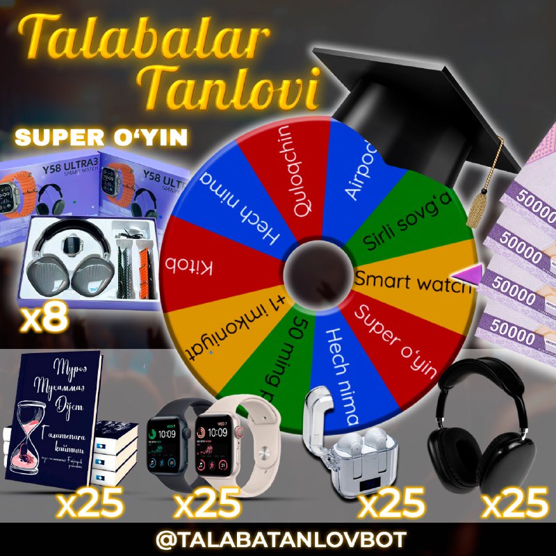 [**#diqqat**](?q=%23diqqat)[**#talabalar\_tanlovi**](?q=%23talabalar_tanlovi) *****🎁*** Yutuqli barabanni aylantirib, quyidagi …