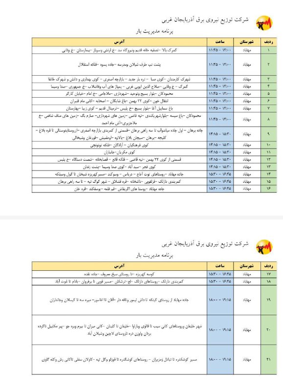 ***♨️*** اطلاعیه تکمیلی قطعی برق در …