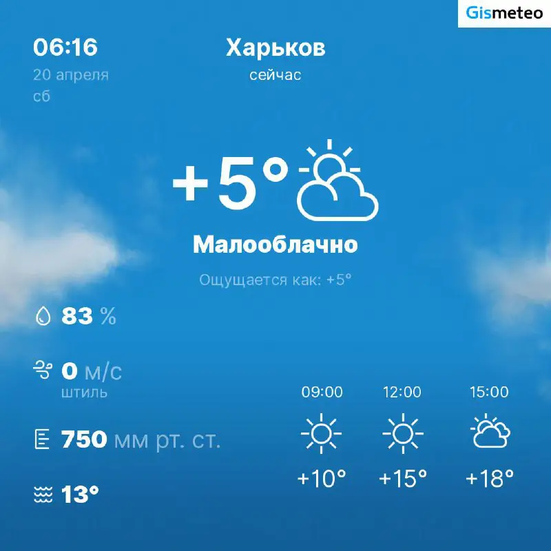 Погода от бота [MeteoBot](https://t.me/WeathersBot)