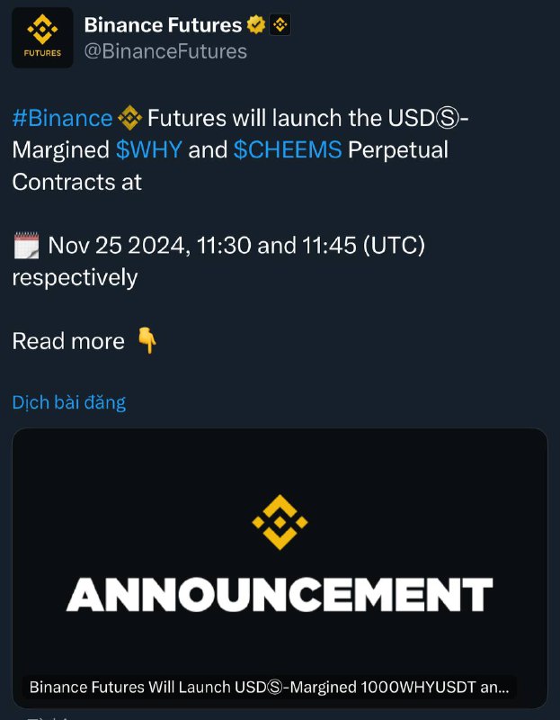 Binance list [#WHY](?q=%23WHY) với [#CHEEMS](?q=%23CHEEMS)