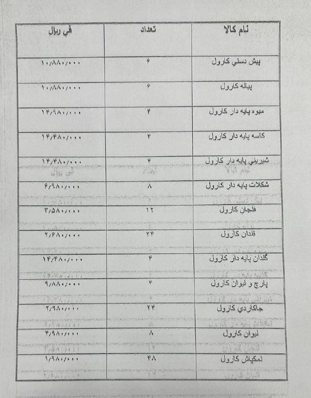 لیست قیمت جدید سرویس کارول***??***