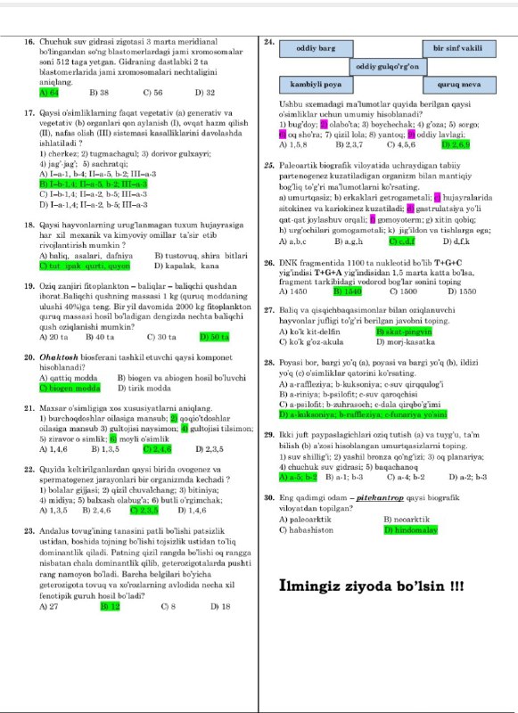 Kimyo Biologiya testlar