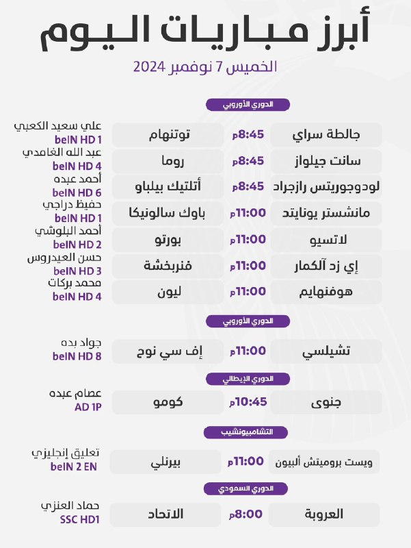 مباريات اليوم الخميس