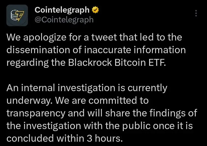 JUST IN: Cointelegraph apologizes for spreading …