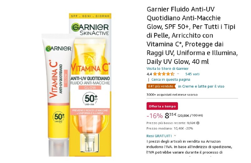 **Garnier Fluido Anti-UV Quotidiano Anti-Macchie Glow, …