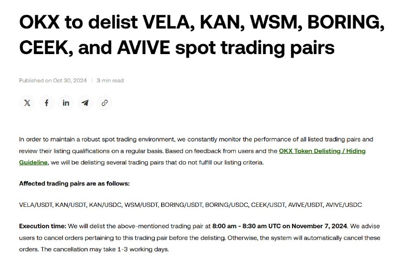 OKX will delist VELA, KAN, WSM, …