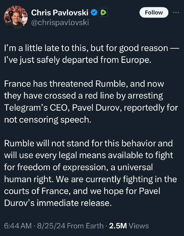 Rumble founder flees Europe after Durov …