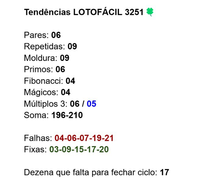 **Tendencias LOTOFÁCIL 3251** ***🩷***