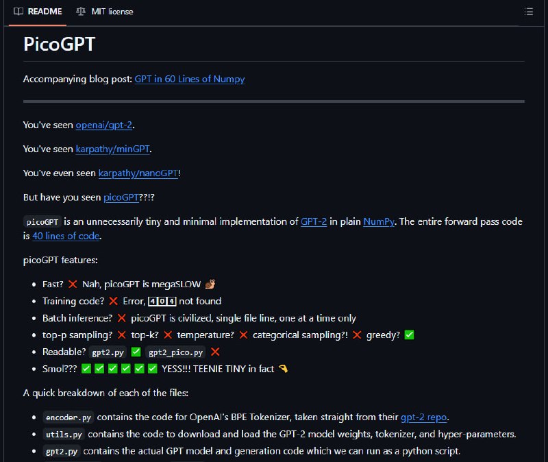 ***🔍*** [picoGPT](https://github.com/jaymody/picoGPT) — это минималистичная реализация …