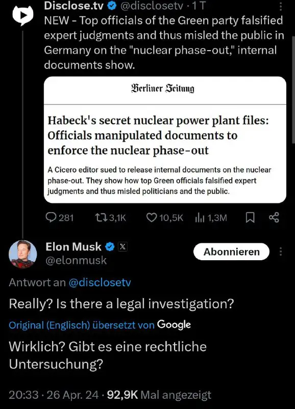 Elon ist auf den Habeck Skandal …