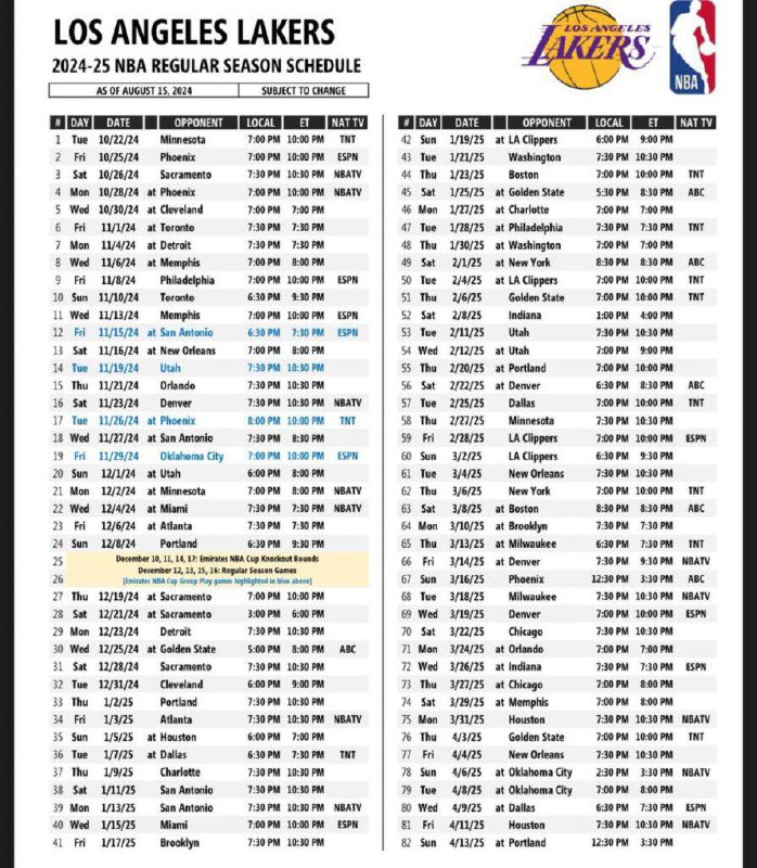 Lakers 2024-2025 Official Schedule