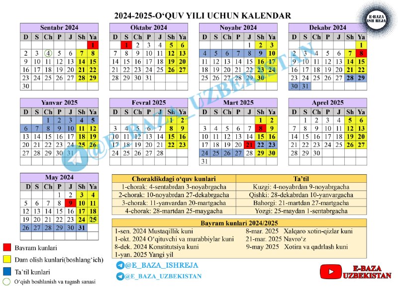 ***⚡️*****2024/2025-o'quv yili uchun kalendar**